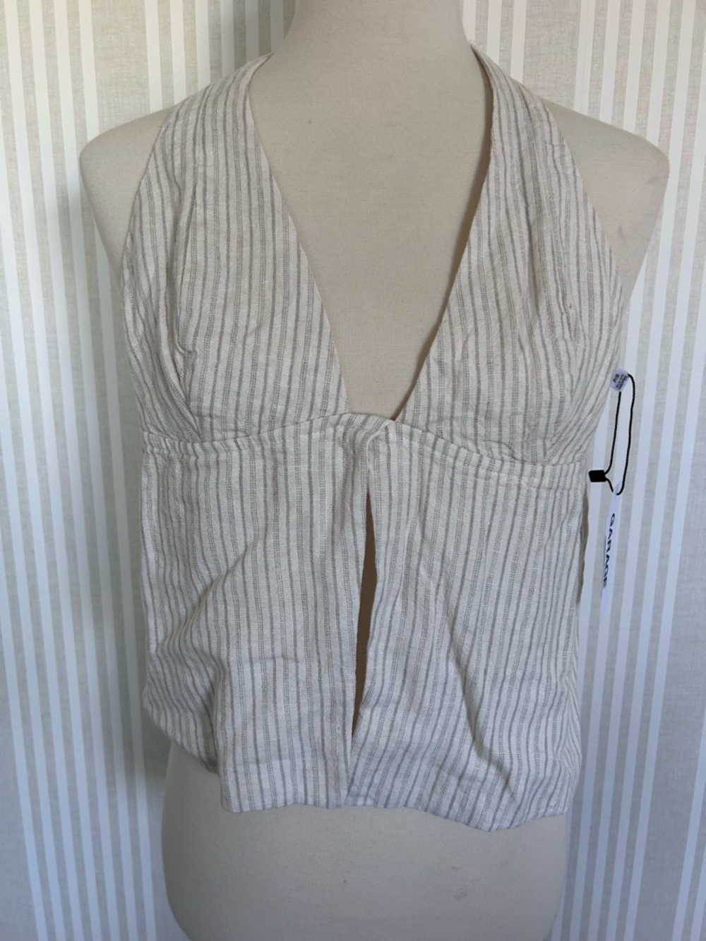 GARAGE Linen Halter Top Beige & Cream Stripe Top Tie Back Women’s Size Small NWT - Picture 5 of 10